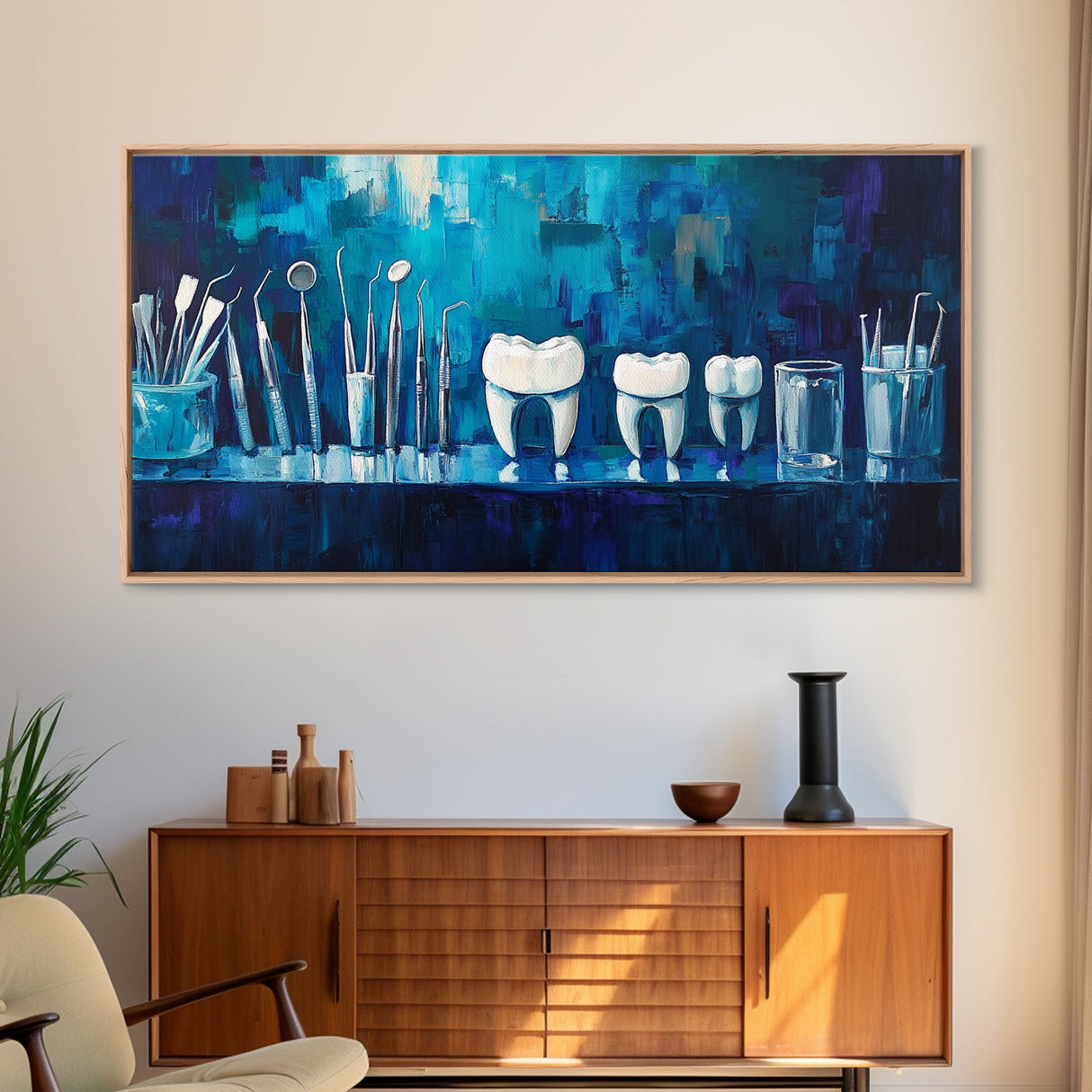 Modern Dental Art Framed Canvas Print, Dental Office Decor, Blue and Green Wall Art, Coastal Wall Art, Guest Room Art, Vertical Wall Art