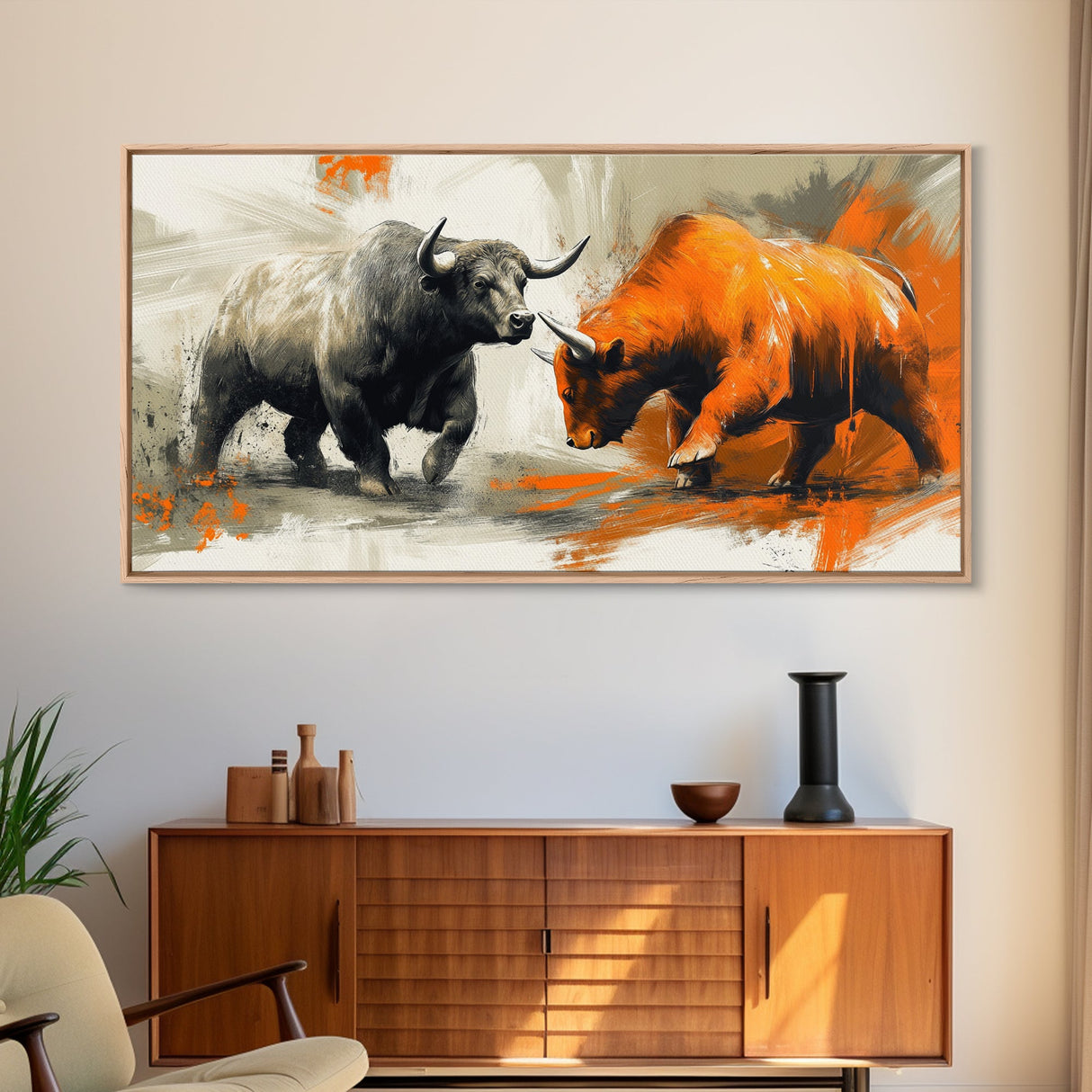 Modern Bull and Bear Framed Canvas Print Bull and Bear Art Gift Idea Financial Market Art Wall Decor Rustic Art Above Sofa Art