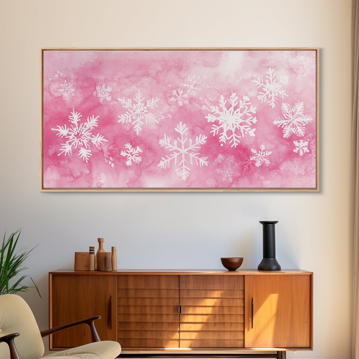 Snowflake Christmas Canvas Print, Winter Wonderland Art, Light Pink Wall Decor, Festive Holiday Artwork, Cozy Seasonal Charm Gift