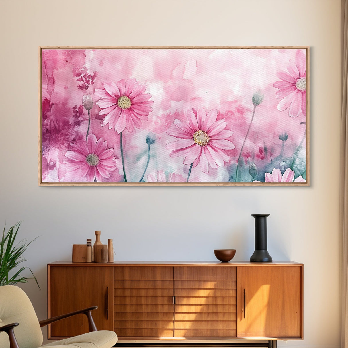 Wildflower Painting Canvas Print, Vibrant Daisy Wall Art with Light Pink Abstract Background, Whimsical Art for Bedroom Decor