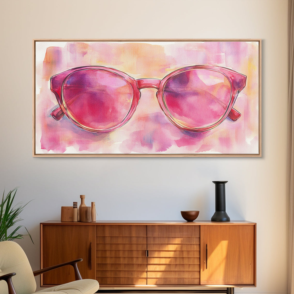 Pink Sunglasses Painting Framed Canvas Print, Whimsical Art Decor, Light Pink Wall Art, Retro Fashion Gift Idea, Original Artwork
