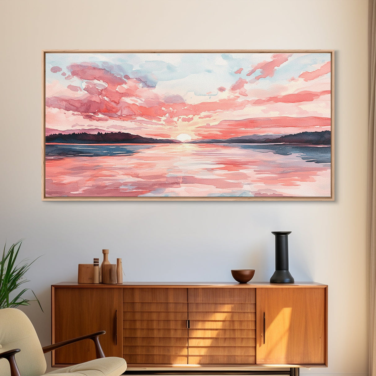 Serene Pink Sunset Canvas Print | Coastal Landscape Art | Nautical Wall Decor | Bedroom Above Bed Art | Horizontal Panoramic Artwork
