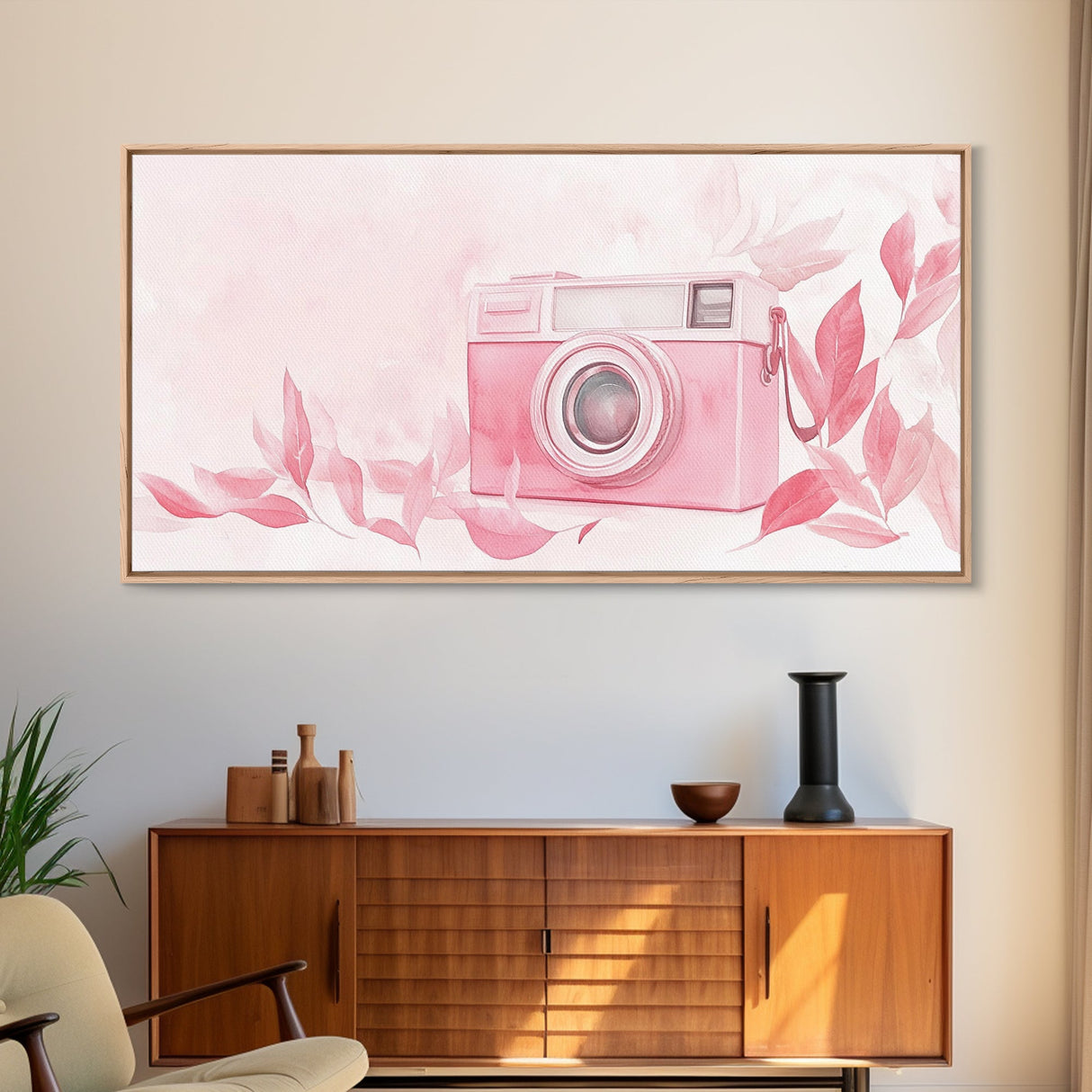 Retro Pink Camera Canvas Print | Whimsical Photography Wall Art | Light Pink Modern Decor | Unique Living Room Artwork | Gift Idea