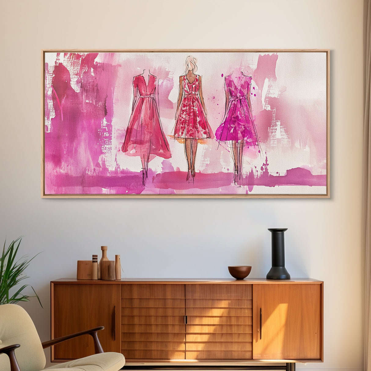 Chic Pink Dress Canvas Print | Fashion Inspired Artwork | Retro Pink Abstract Wall Art | Bedroom or Boutique Framed Decor | Trendy Art
