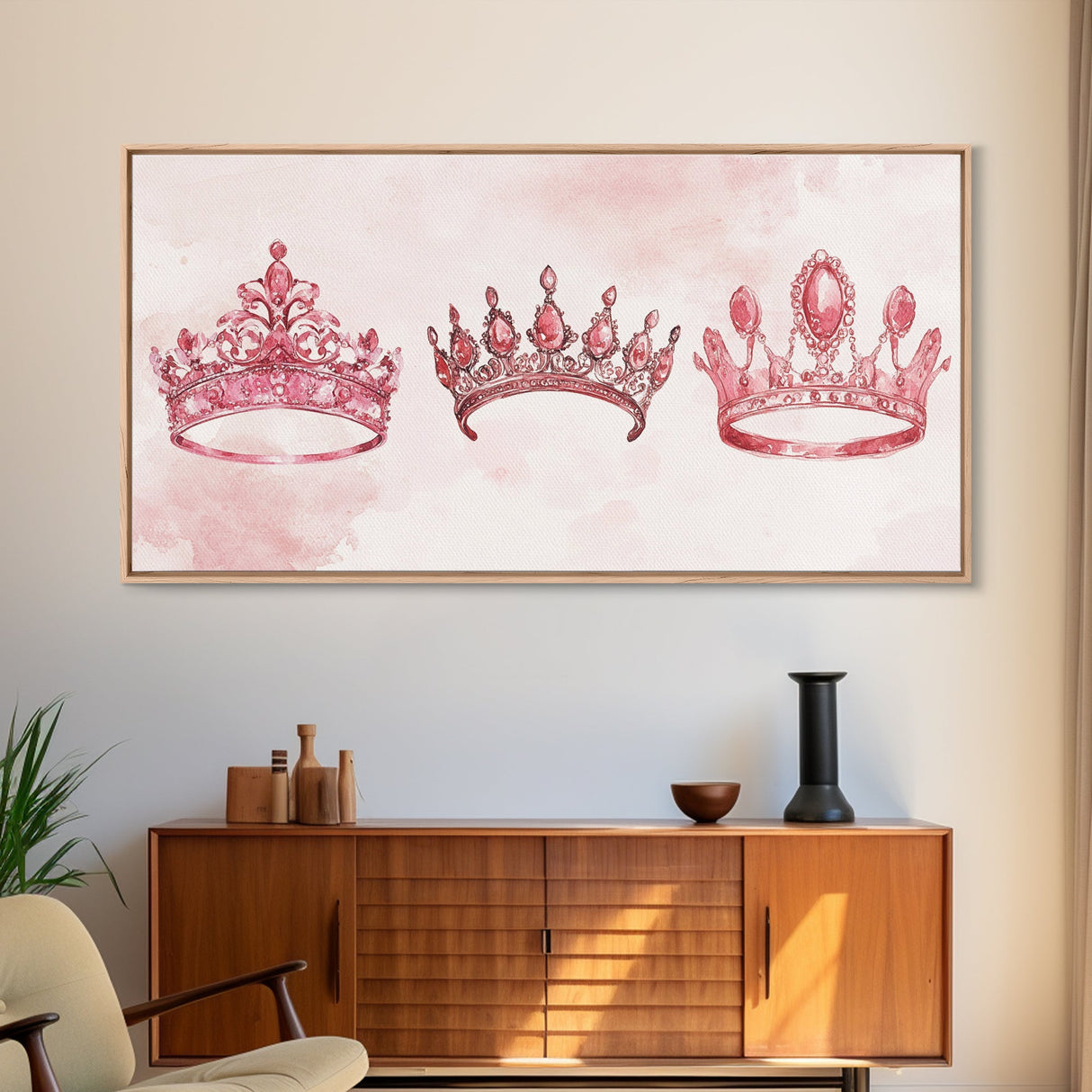 Pink Crown Trio Canvas Print Whimsical Art Princess Aesthetic Dorm Decor Light Pink Art Bedroom or Living Room Artwork Gift Idea