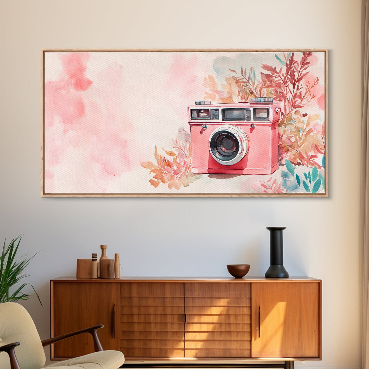 Vintage Camera Painting Framed Canvas Print Pink Wall Art Whimsical Art Living Room Art Light Pink Wall Art Unique Gift Idea