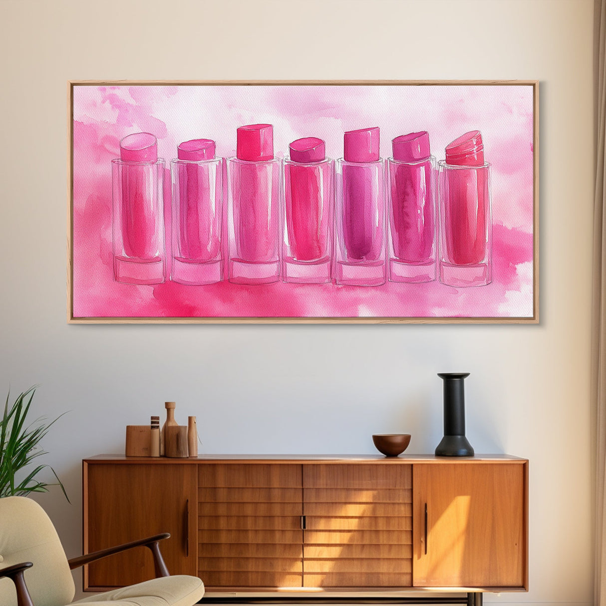 Lipstick Row Canvas Print | Pink Wall Art, Whimsical Decor, Light Pink Art, Feminine Gift Idea, Living Room Art, Above Couch Decor