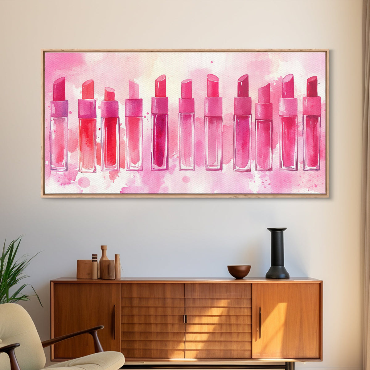 Elegant Lipsticks Display Painting as Pink Abstract Wall Art on Canvas Print, Makeup Collector Vanity or Bedroom Accent Decor