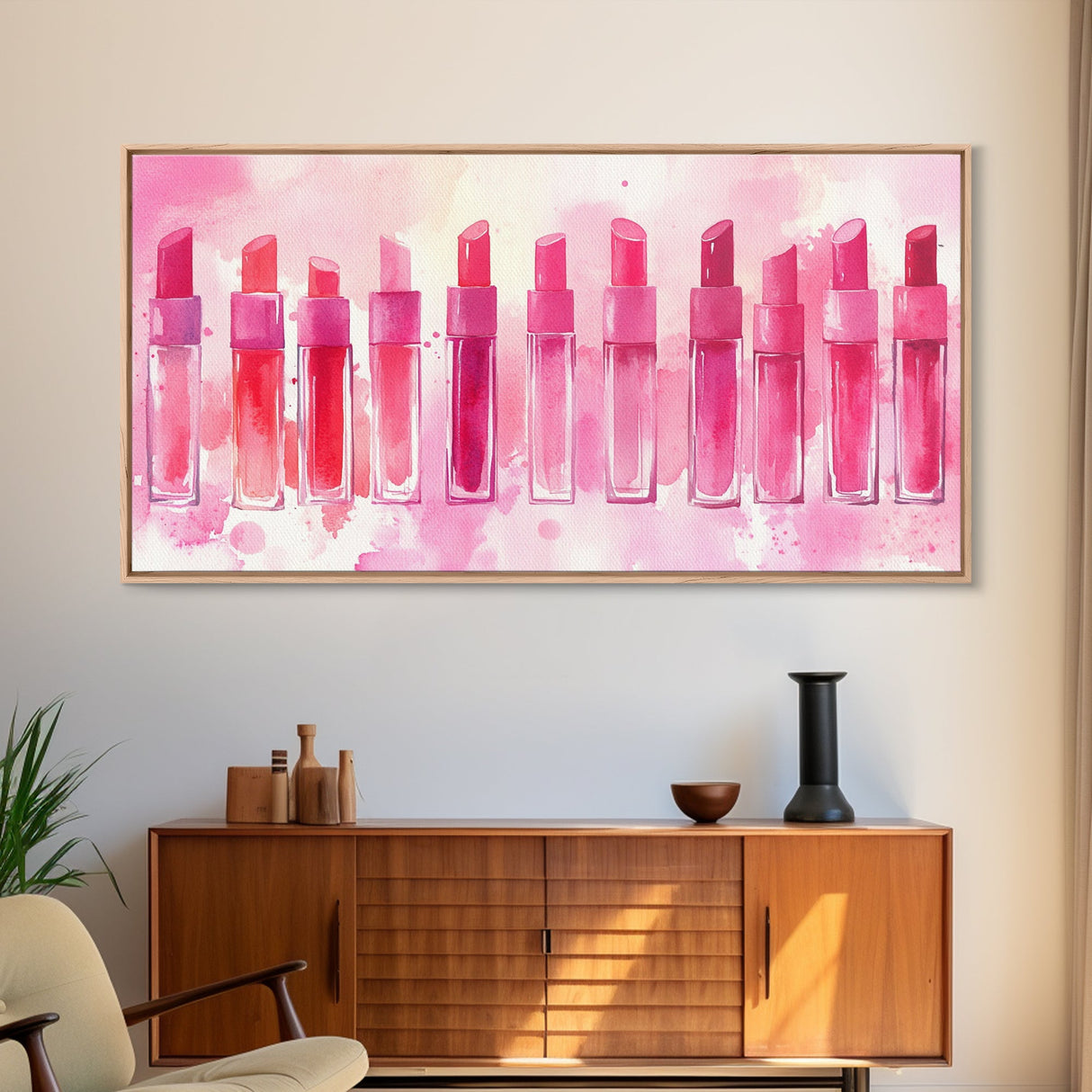 Elegant Lipsticks Display Painting as Pink Abstract Wall Art on Canvas Print, Makeup Collector Vanity or Bedroom Accent Decor