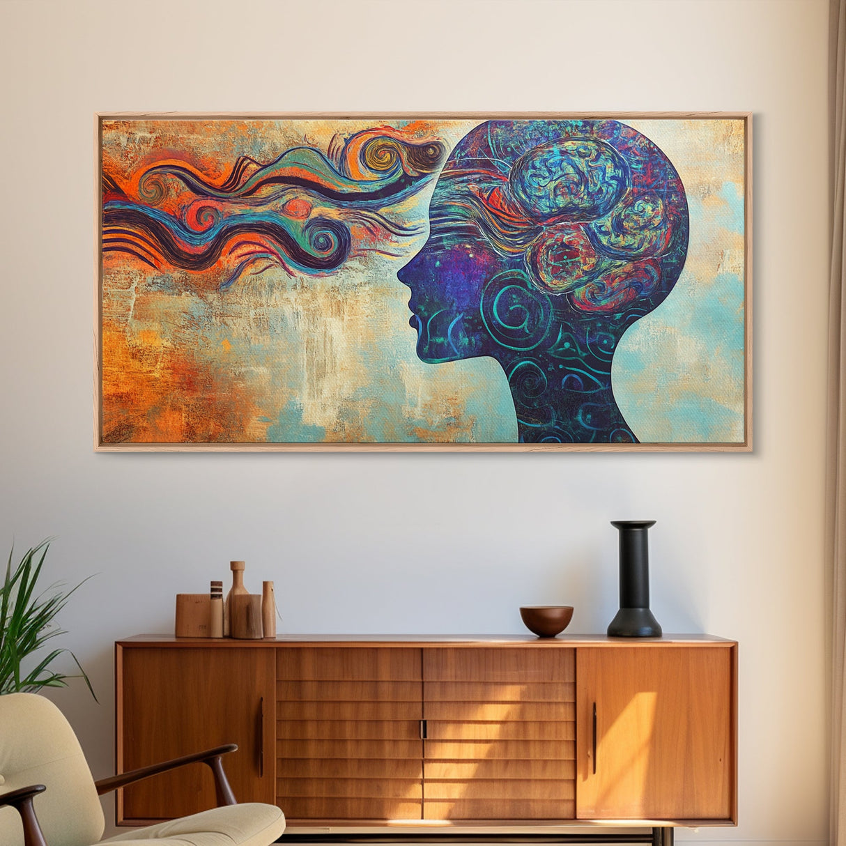 Vibrant Abstract Woman Framed Canvas Print -Abstract Goddess Wall Art - Artistic Brain Art- Geometric Wall Art