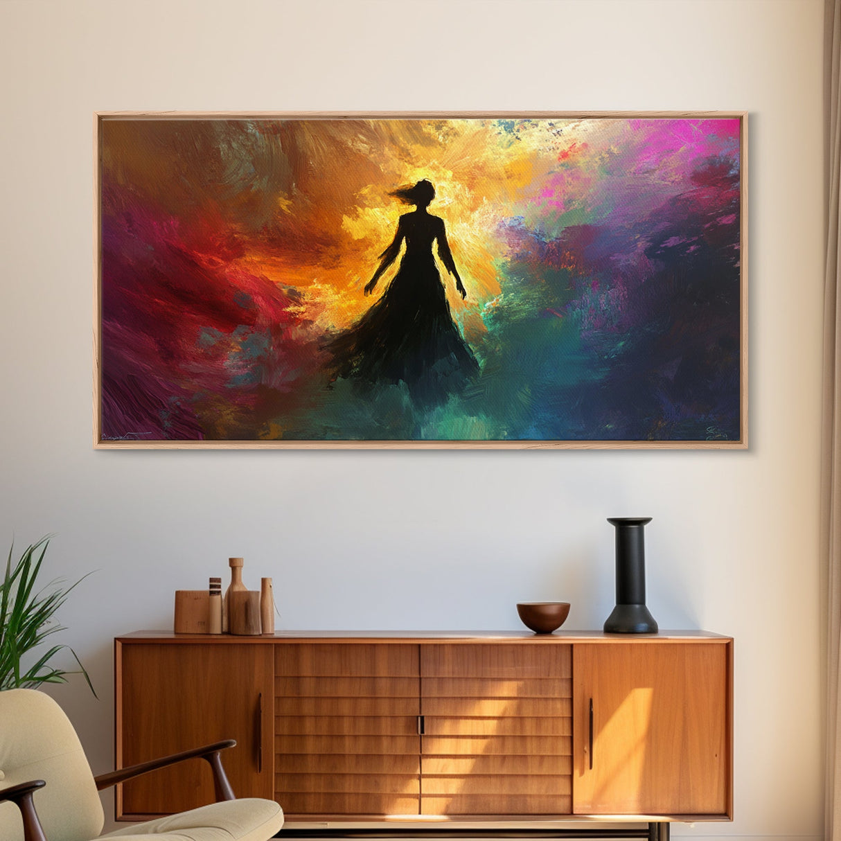 Woman Silhouette Sunset Canvas Print, Goddess Art Print, Romance Painting, Moody Woman Art, Bedroom Art, Fall Art, Vertical Wall Art