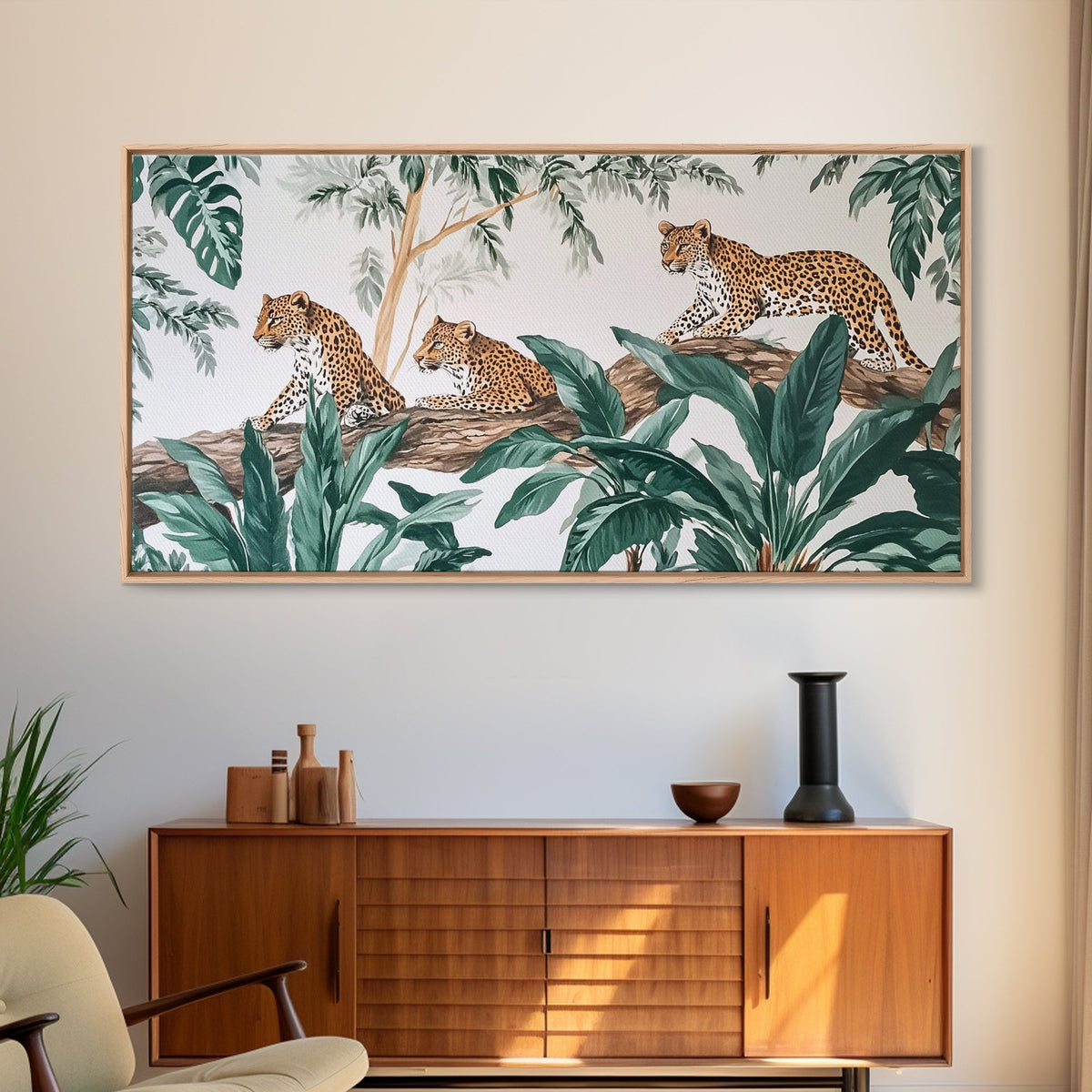 Tropical Leopard Trio Canvas Print Rustic Wall Art Botanical Jungle Decor Leopard Wall Art Above Sofa Art Gift Idea