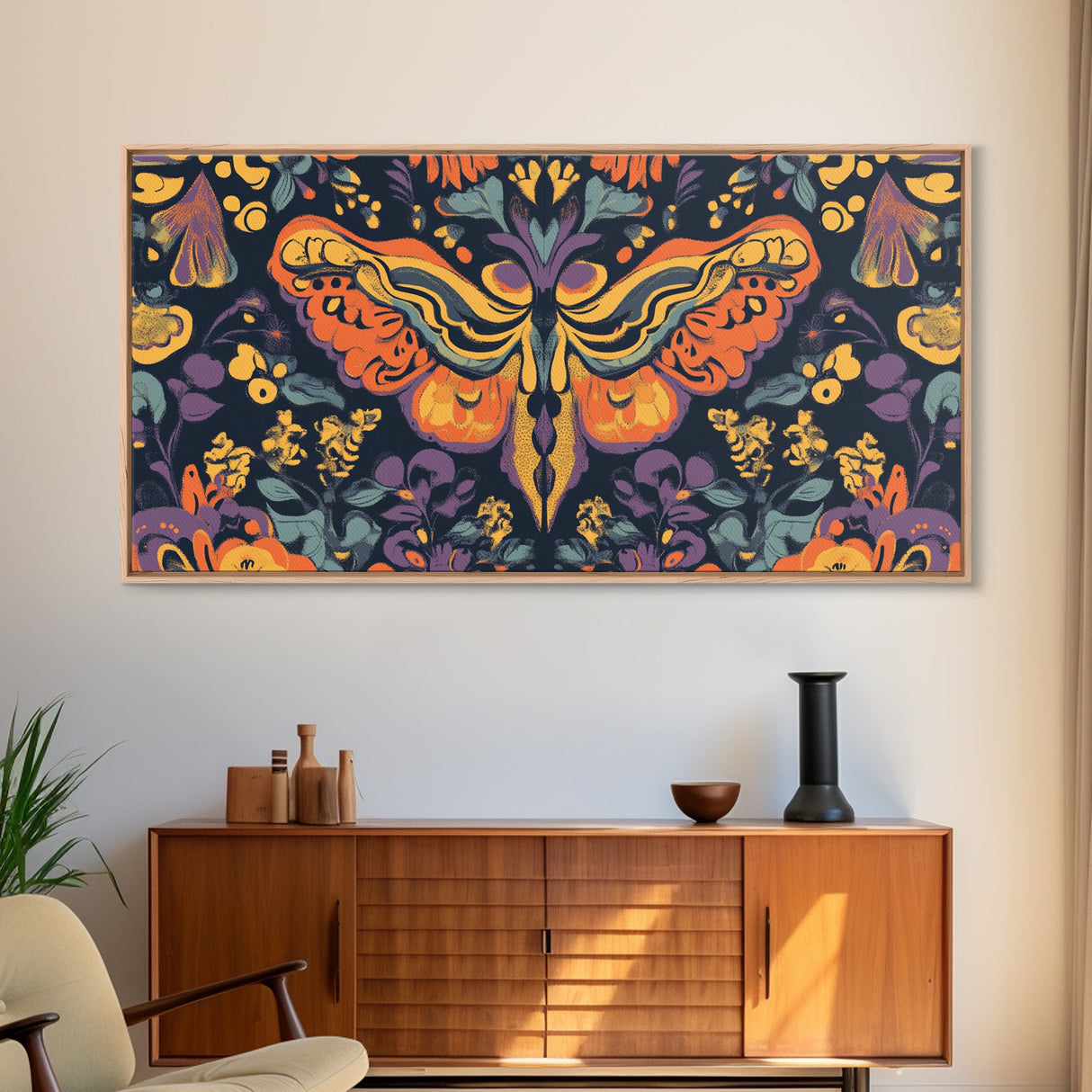 Mystical Butterfly Mandala Framed Canvas Print, Whimsical Art Decor, Colorful Bohemian Wall Art, Sacred Geometry, Dreamy Bedroom Art