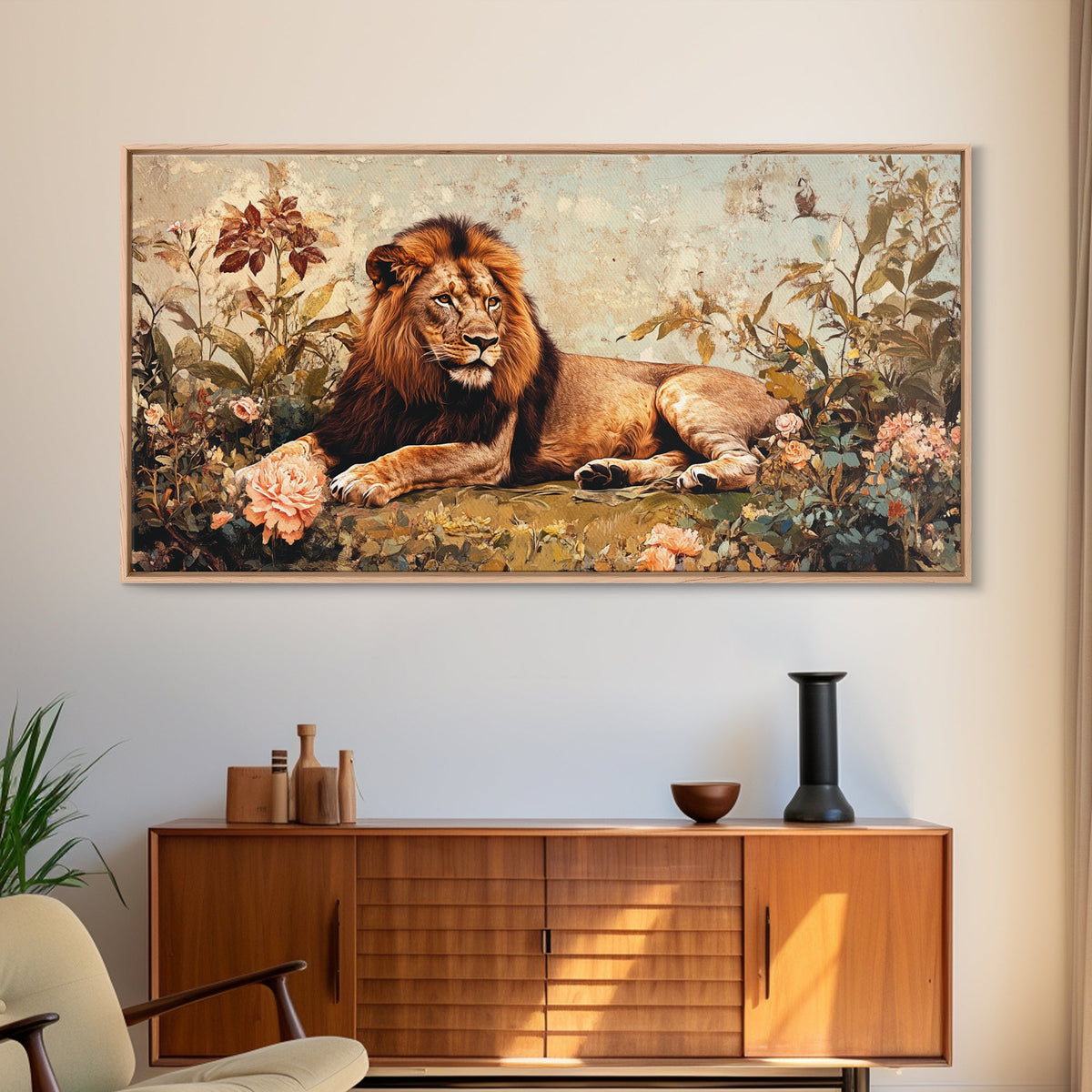 Regal Lion in Wildflowers Framed Canvas Print, Safari Wildlife Painting, African Rustic Wall Art, Boho Nature Decor, Animal Kingdom Art