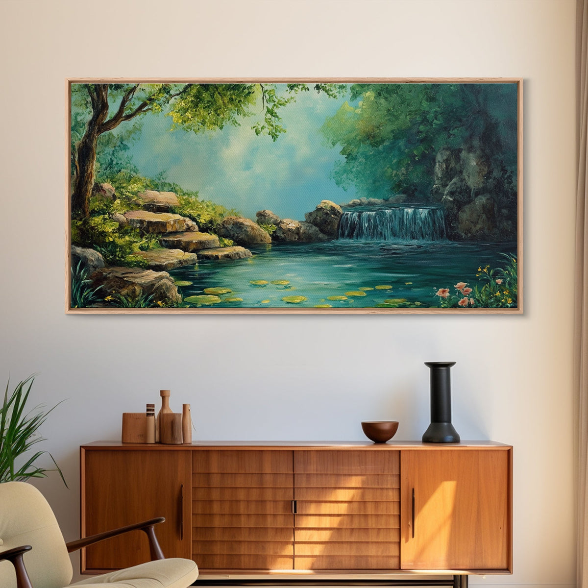Serene Waterfall Landscape Framed Canvas Print Above Sofa Rustic Decor Living Room Art Peaceful Nature Scene Artwork Farmhouse Wall Art