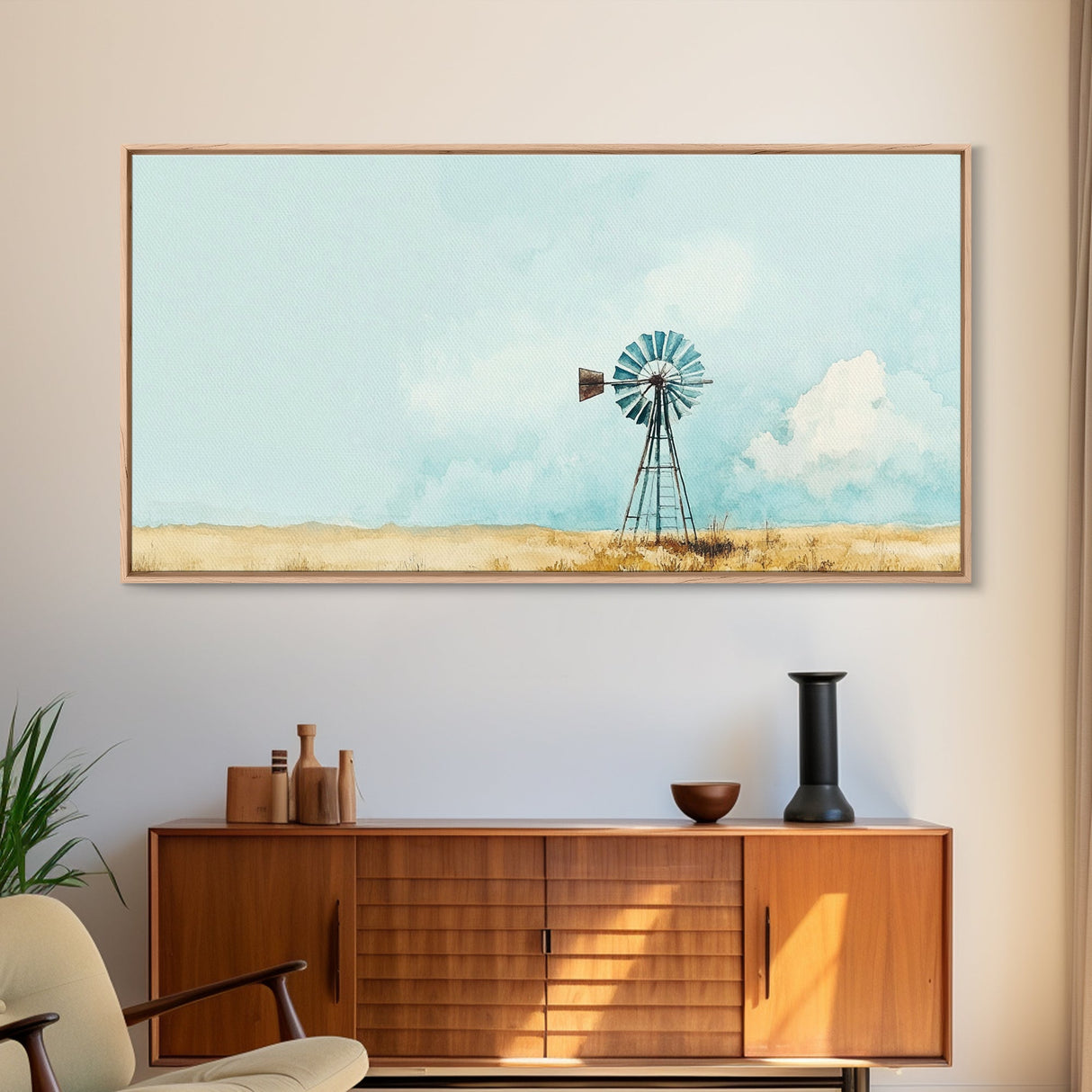 Minimalist Windmill Landscape Framed Canvas Print Above Couch Rustic Wall Art Coastal Inspired Bedroom Decor Horizontal Wall Art Idea