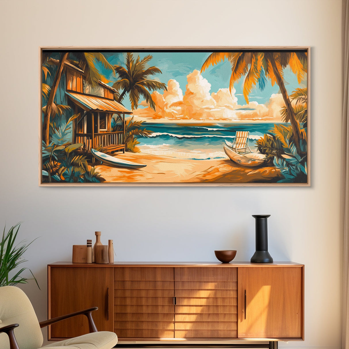 Sunset Surf Shack Canvas Print Nautical Wall Art Coastal Painting Rustic Decor Tropical Landscape Art Extra Wide Art Bedroom Art