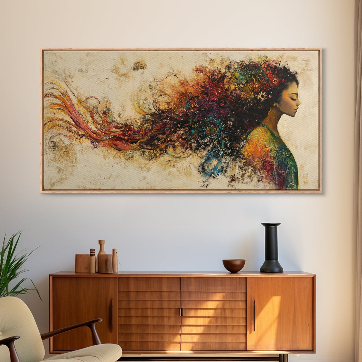 Vibrant Female Silhouette Framed Canvas Print, Whimsical Art, Afrocentric Wall Art, Angel Art Prints, Bedroom Art, Chinoiserie Wall Art