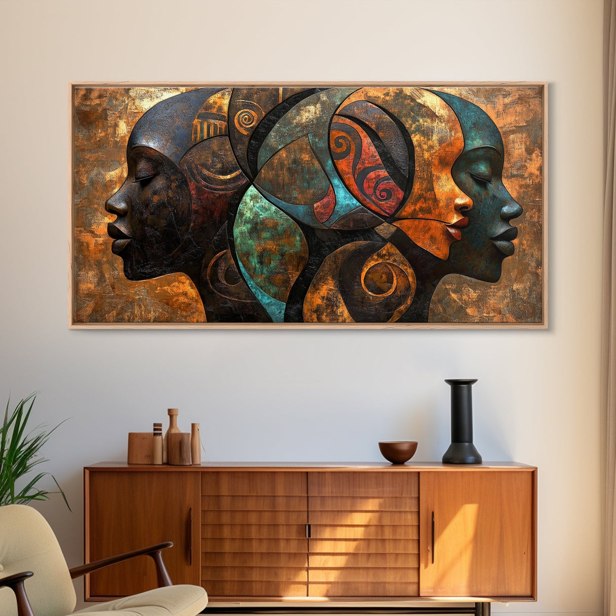 Abstract African Faces Framed Canvas Print, Afrocentric Wall Decor, Moody African Art, Geometric Bold Bedroom Art Gift Idea