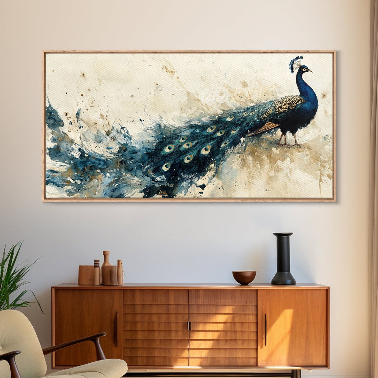 Stunning Peacock Art Framed Canvas Print, Bold Wildlife Wall Decor, Moody Nature Painting, Bedroom Above Sofa Art Gift Idea