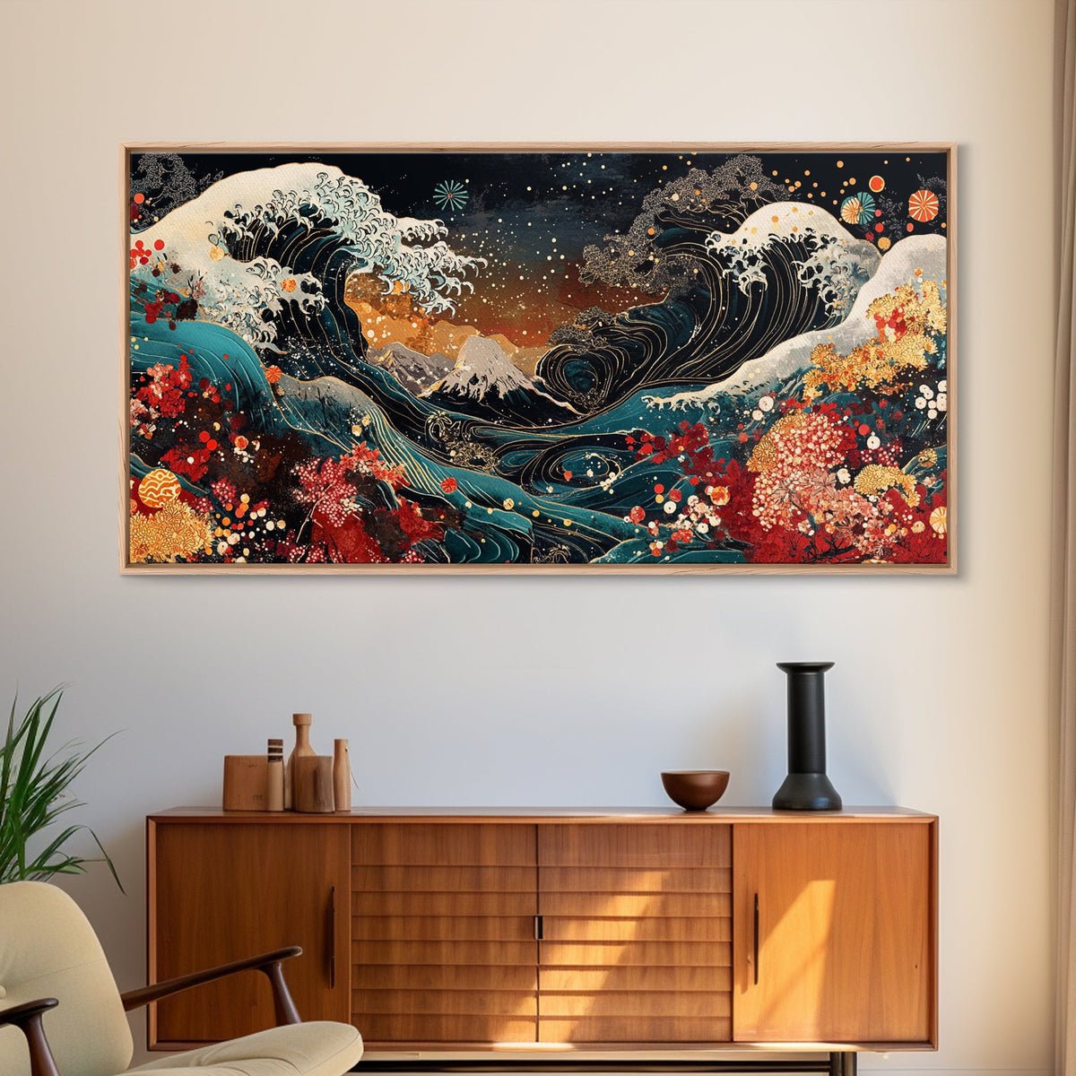 Ocean Waves Framed Canvas Print, Japanese Inspired Coastal Wall Art, Nautical Decor, Coastal Landscape Art, Extra Wide Panoramic Art