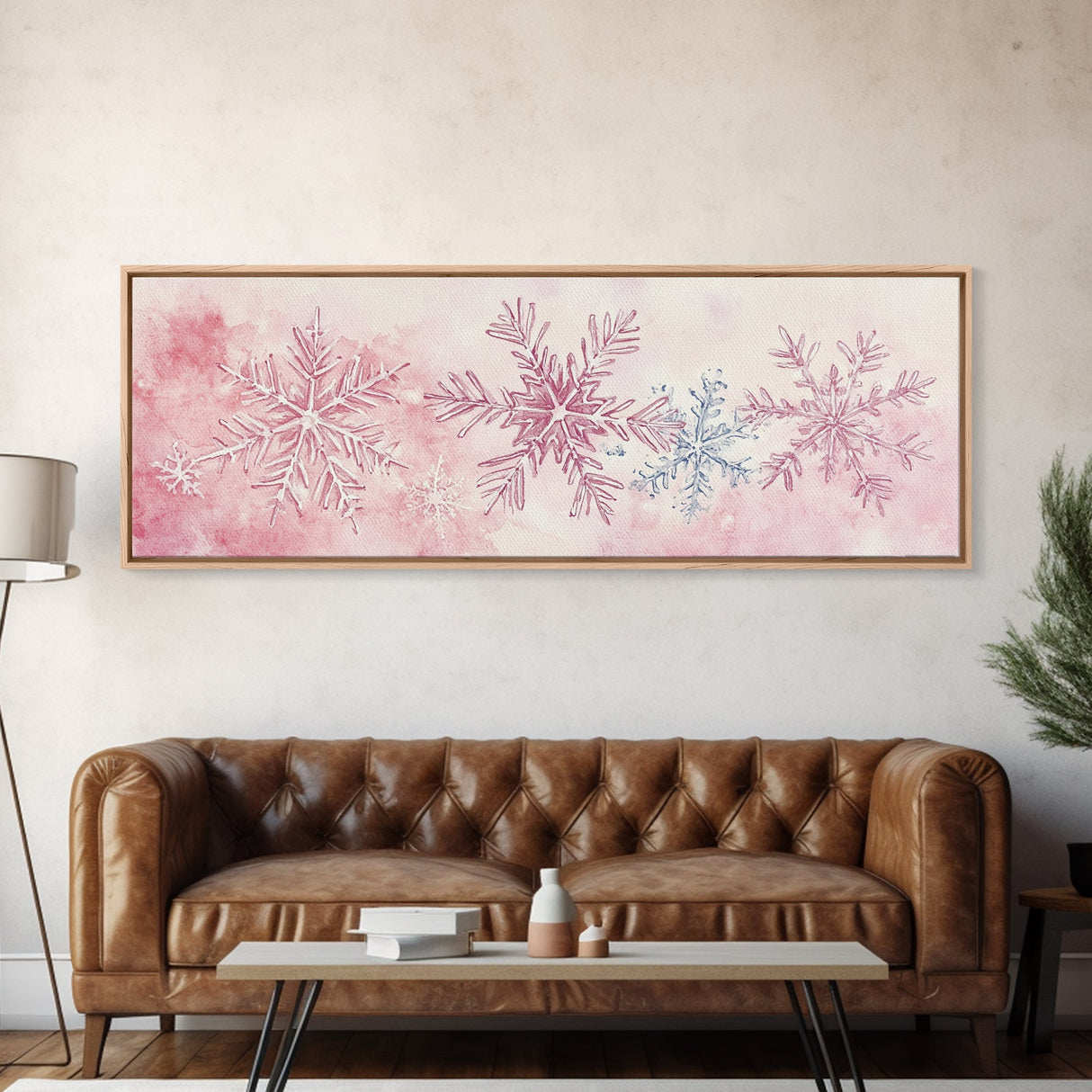 Hand-Painted Snowflake Art Canvas Print, Christmas Rustic Winter Wall Decor, Light Pink Abstract Artwork, Cozy Living Room Art Gift