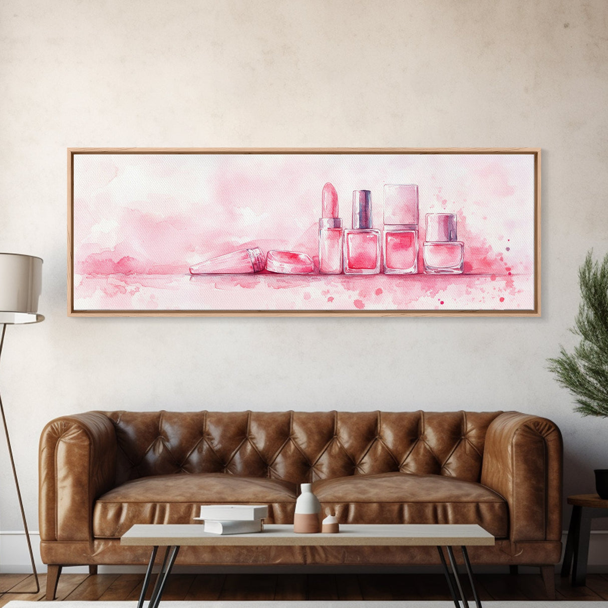 Makeup Art Canvas Print Featuring Lipstick and Nail Polish, Pink Abstract Wall Art for Bedroom or Bathroom Decor, Feminine Gift