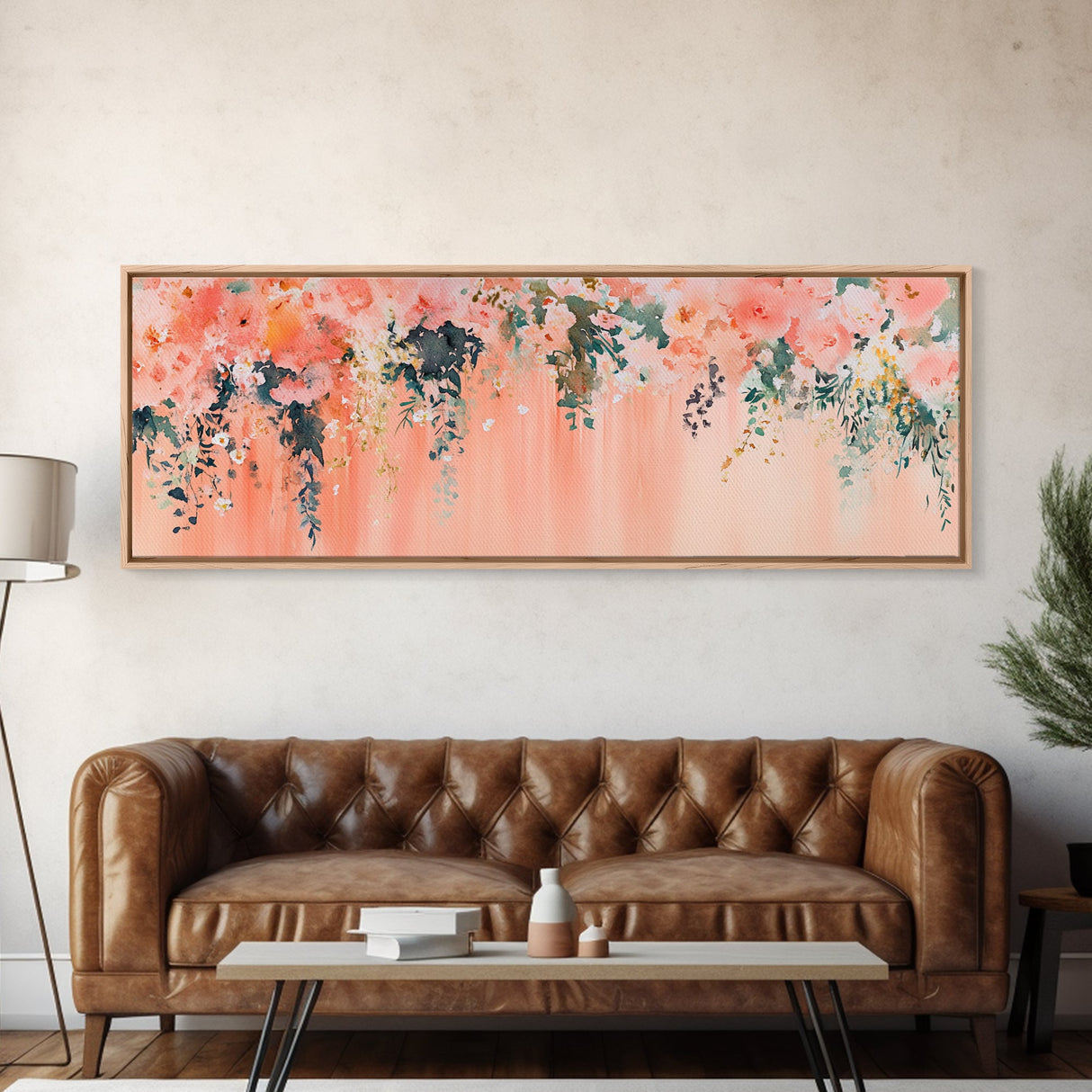 Floral Wildflower Painting Framed Canvas Print, Watercolor Botanical Prints in Peach and Green, Vertical Rustic Farmhouse Wall Art