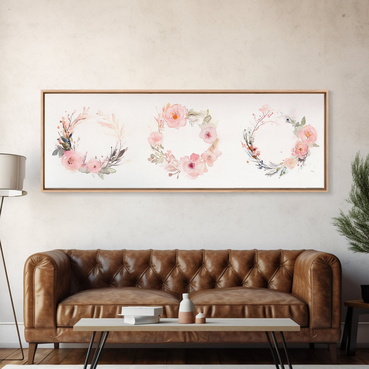 Wildflower Wreath Painting Framed Canvas Print in Pastel Pink and Green, Vertical Rustic Farmhouse Artwork, Botanical Gift Idea