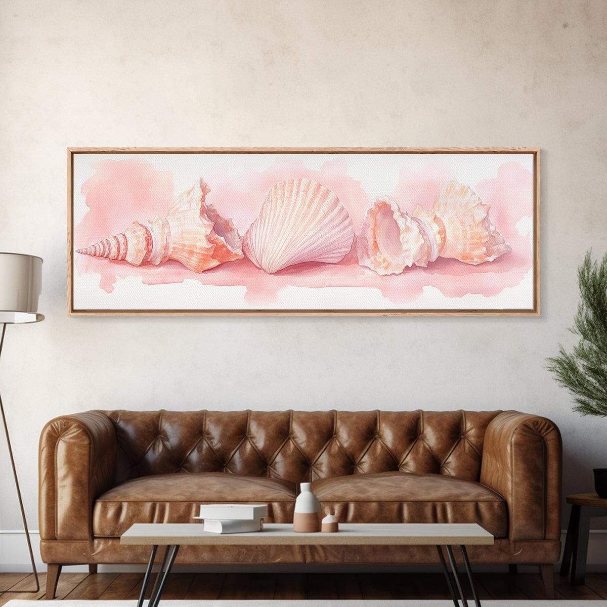Shell Painting Framed Canvas Print Featuring Coastal Shells in Pastel Pink, Nautical Decor Idea, Horizontal Coastal Artwork
