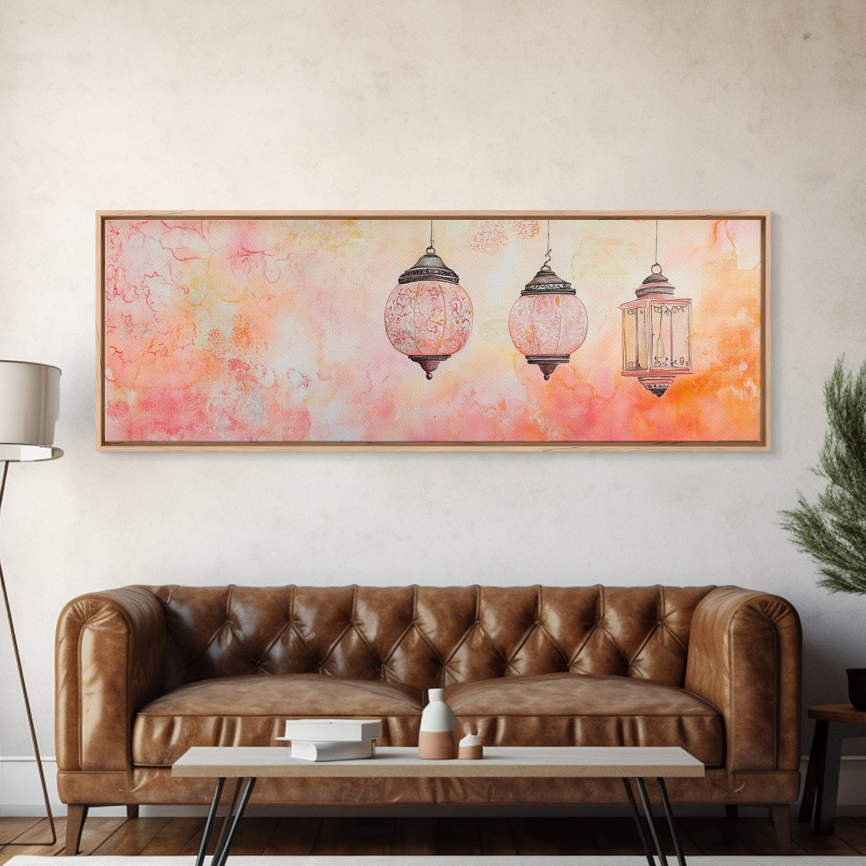 Moroccan Lanterns Canvas Print Pink Orange Wall Art Boho Decor Rustic Living Room Artwork Horizontal Farmhouse Style Gift Idea