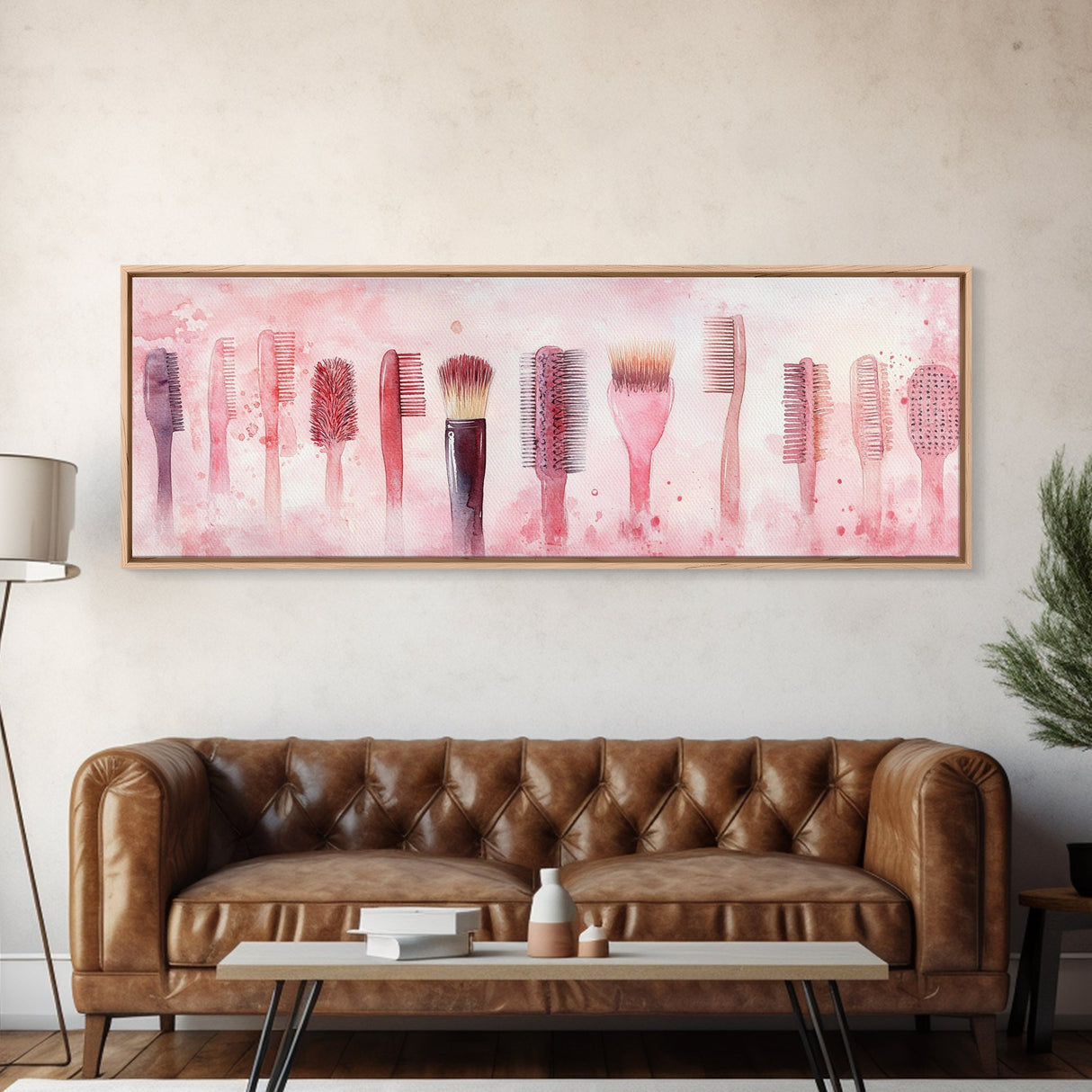 Light Pink Combs and Brushes Wall Art, Framed Canvas Print, Feminine Whimsical Art, Makeup Room Wall Art, Girly Room Decor