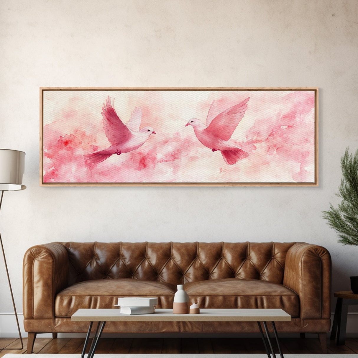 White Doves in Flight Artwork, Framed Canvas Print, Angelic Light Pink Wall Art, Whimsical Bedroom Decor, Feminine Spring Style