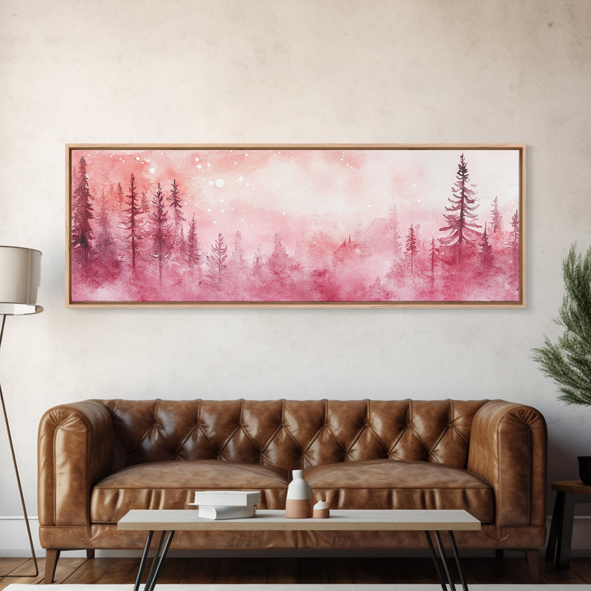 Framed Canvas Print of Enchanting Forest at Dusk Painting with Moody Pink Hues Ideal as Living Room or Guest Room Horizontal Wall Art