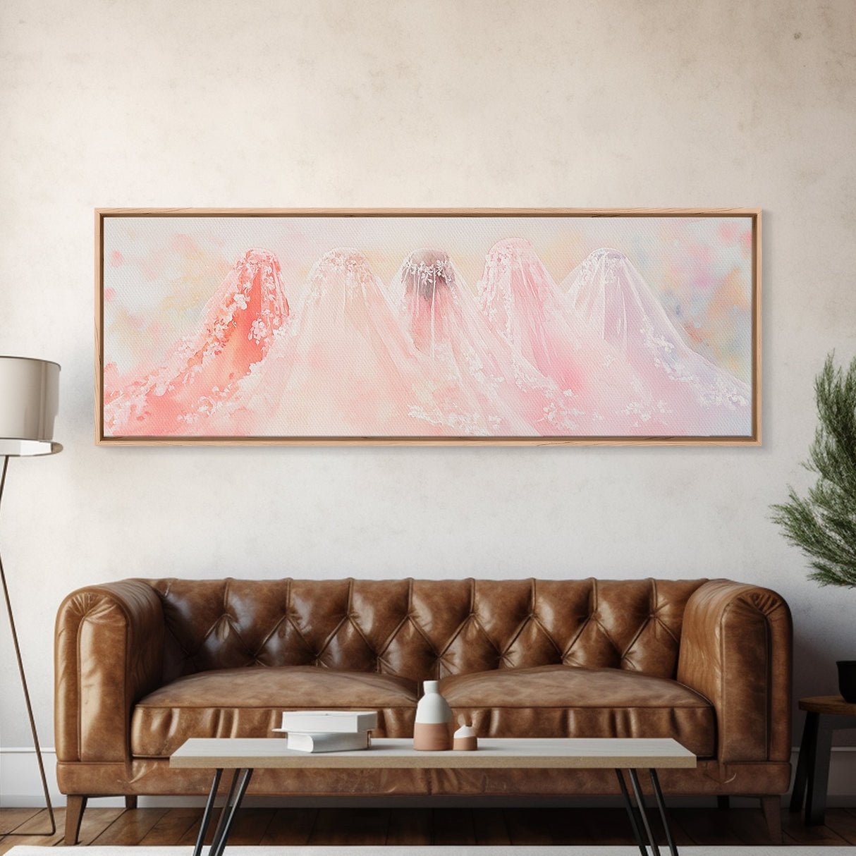 Bridal Veil Light Pink Wall Art Framed Canvas Print Horizontal Wedding Rustic Decor Extra Wide Artwork Bedroom Art