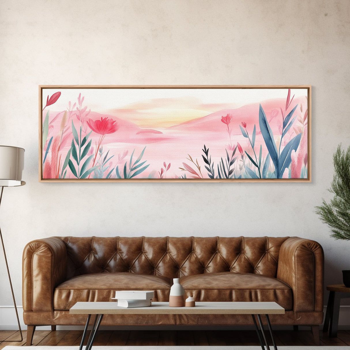 Wildflower Horizon Canvas Print, Light Pink Coastal Landscape Art, Panoramic Wall Art, Above Sofa Decor, Nature-Inspired Artwork