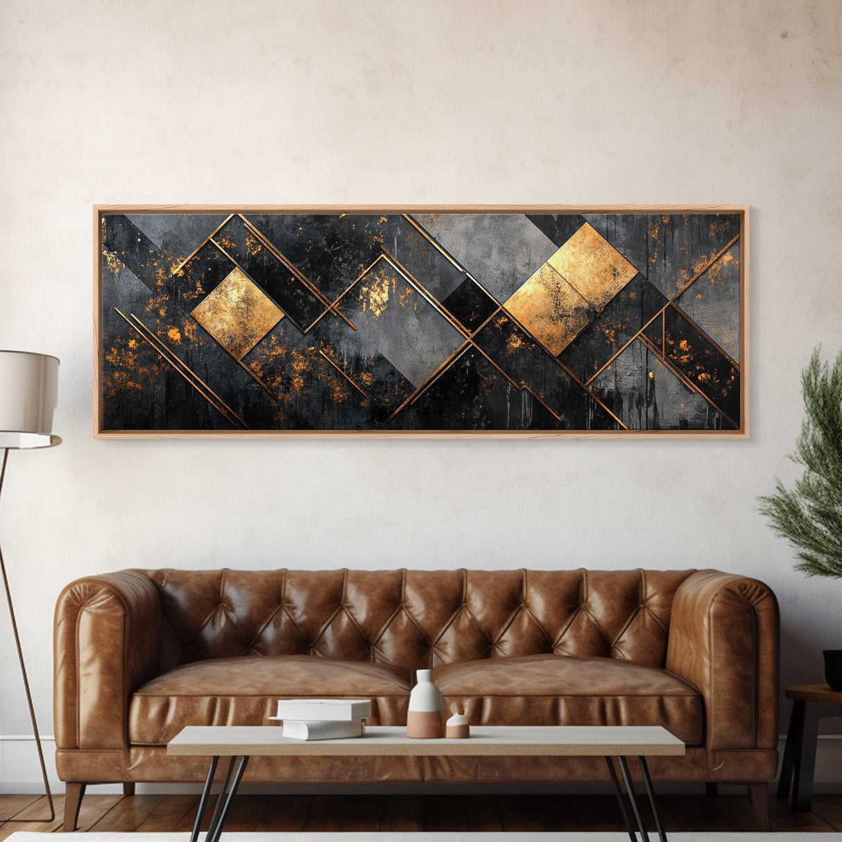 Geometric Gold Framed Canvas Print Art Deco Wabi Sabi Wall Art Rustic Modern Decor Unique Above Bed or Sofa Art Living Room Accent