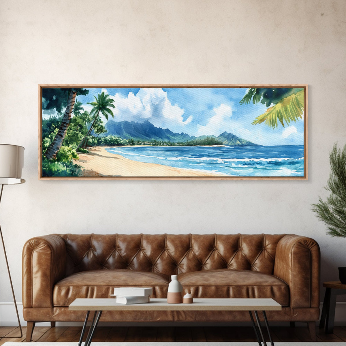 Serene Coastal Landscape Framed Canvas Print - Vibrant Hawaii Art, Nautical Beach Wall Decor, Panoramic Ocean Painting, Living Room Art