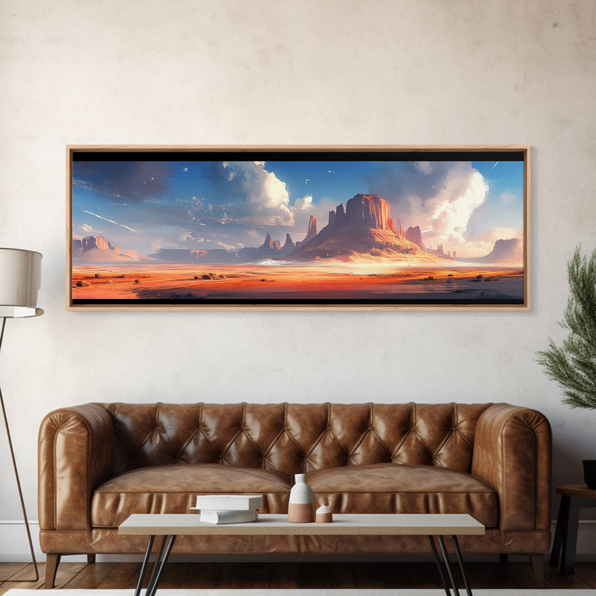 Majestic Desert Landscape Framed Canvas Print, Panoramic Painting, Southwest Wall Art, Above Bed Art, Rustic Decor, Living Room Art