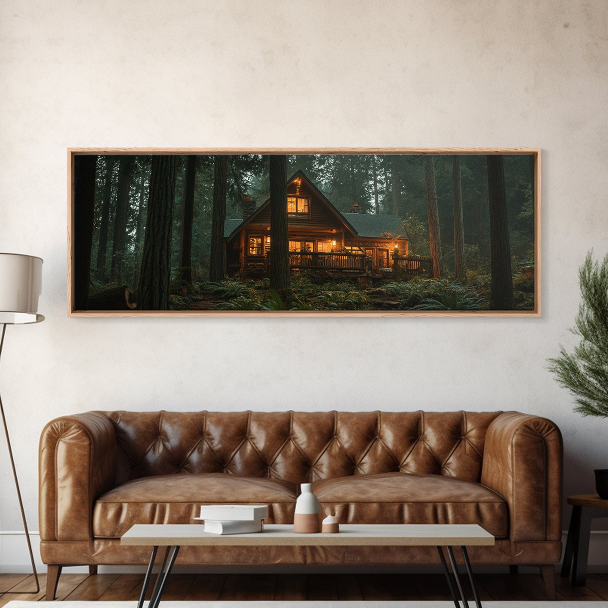 Warm Forest Cabin Framed Canvas Print, Rustic Decor Wall Art, Cozy Woodland Scene Painting, Moody Autumn Landscape, Living Room Art Piece