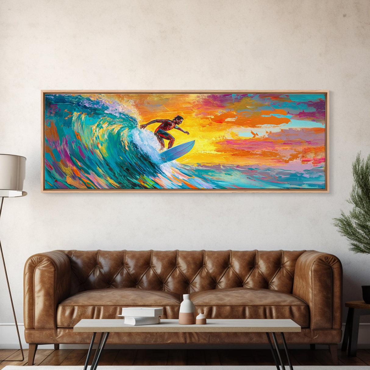 Surfer Riding Wave Canvas Print, Surf Wall Art, Coastal Decor, Nautical Painting, Colorful Art, Living Room Art, Gift Idea, Rustic Wall Art