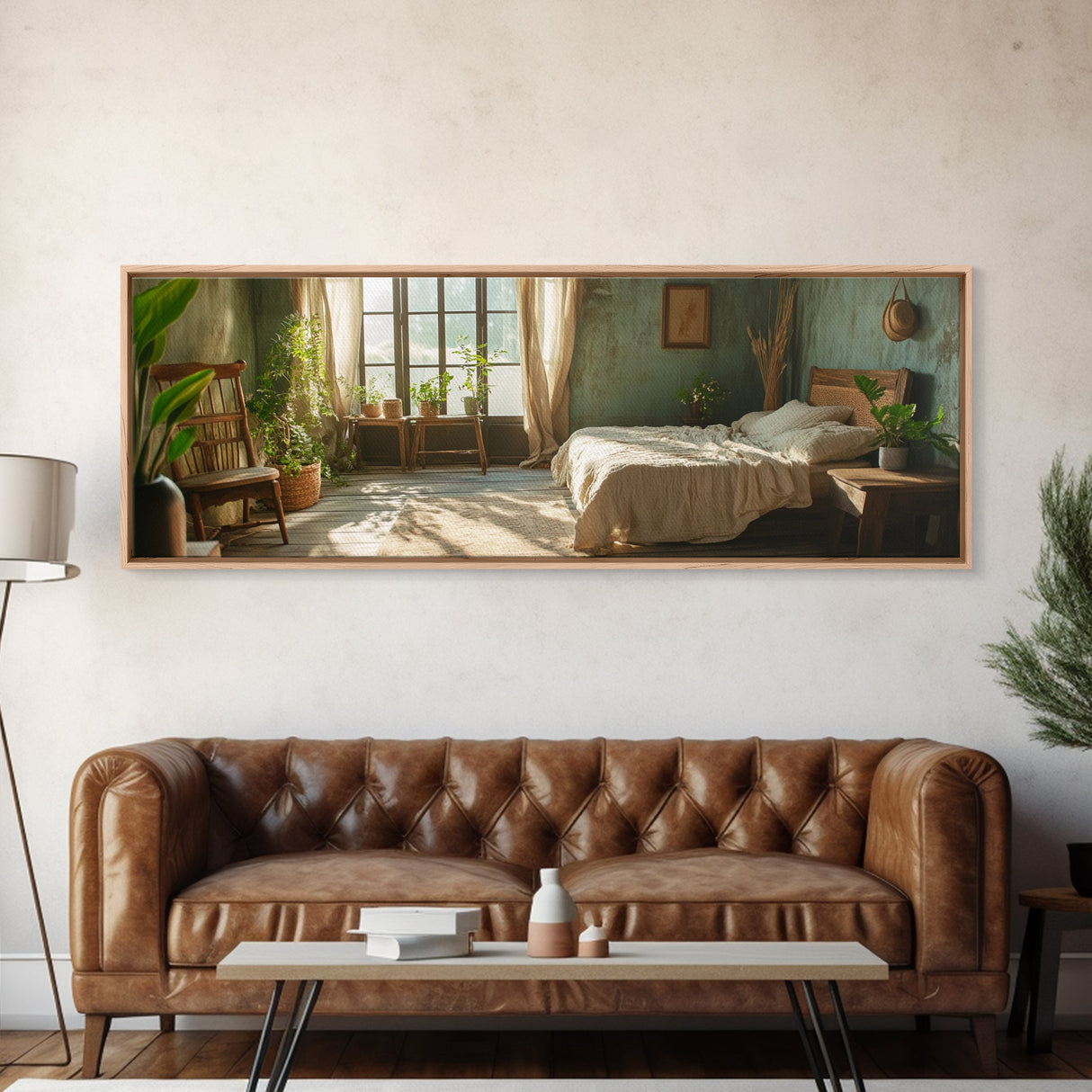 Minimalist Bedroom Serenity Framed Canvas Print, Wabi Sabi Botanical Art, Rustic Farmhouse Bedroom Decor, Light Filled Sage Green Artwork