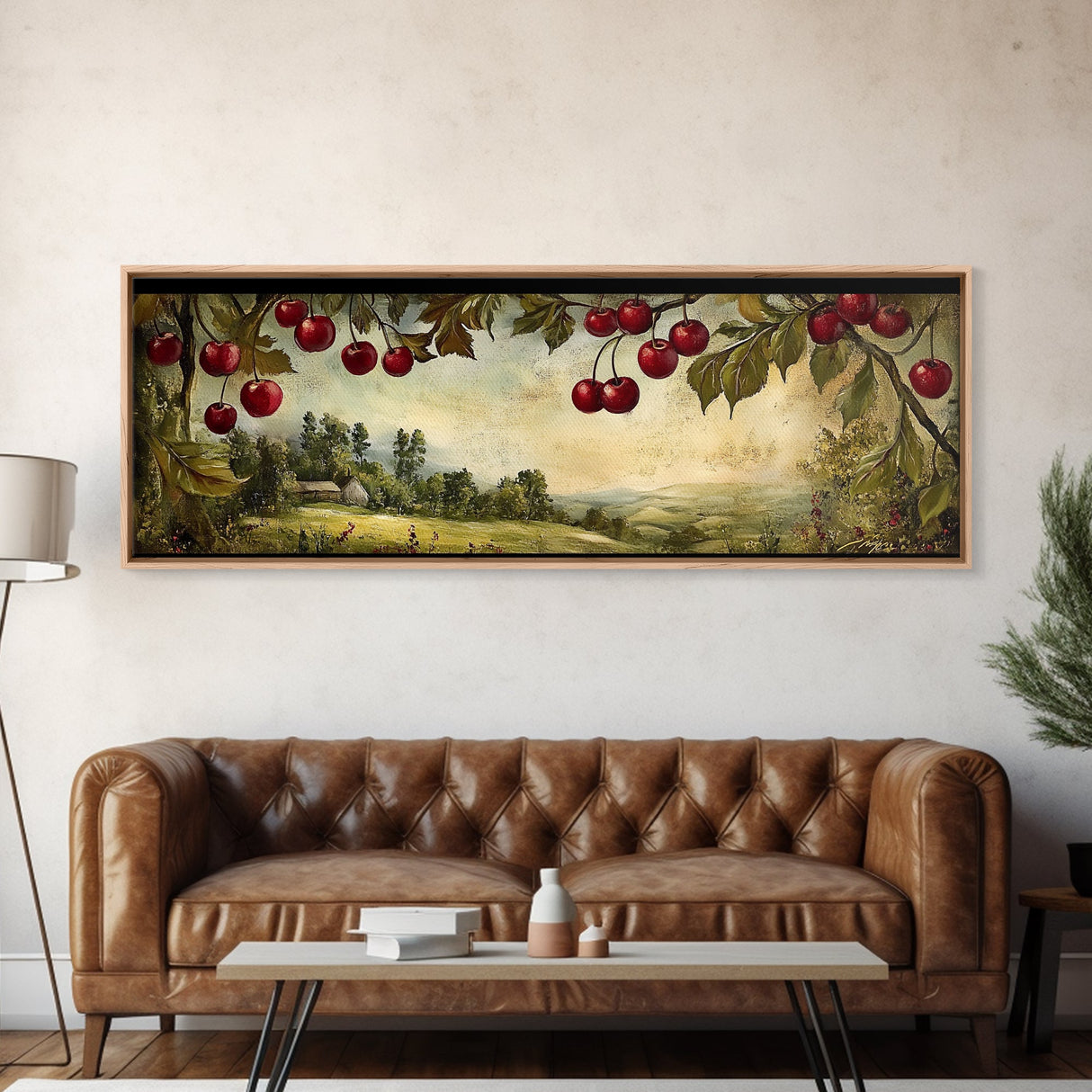 Framed Canvas Print Cherries Wall Art Panoramic Rustic Decor Living Room Horizontal Landscape Art Farmhouse Gift Idea Painting