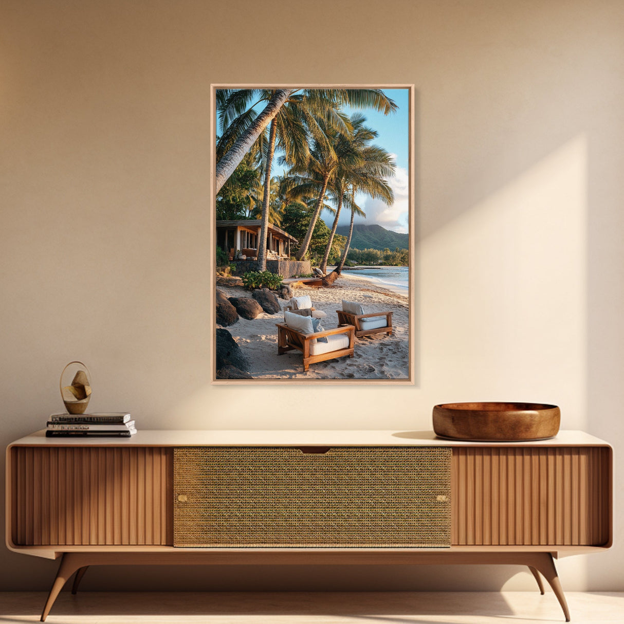 Vibrant Palm Tree Beach Framed Canvas Print – Coastal Decor Wall Art, Hawaiian Landscape Painting, Tropical Nautical Wall Art