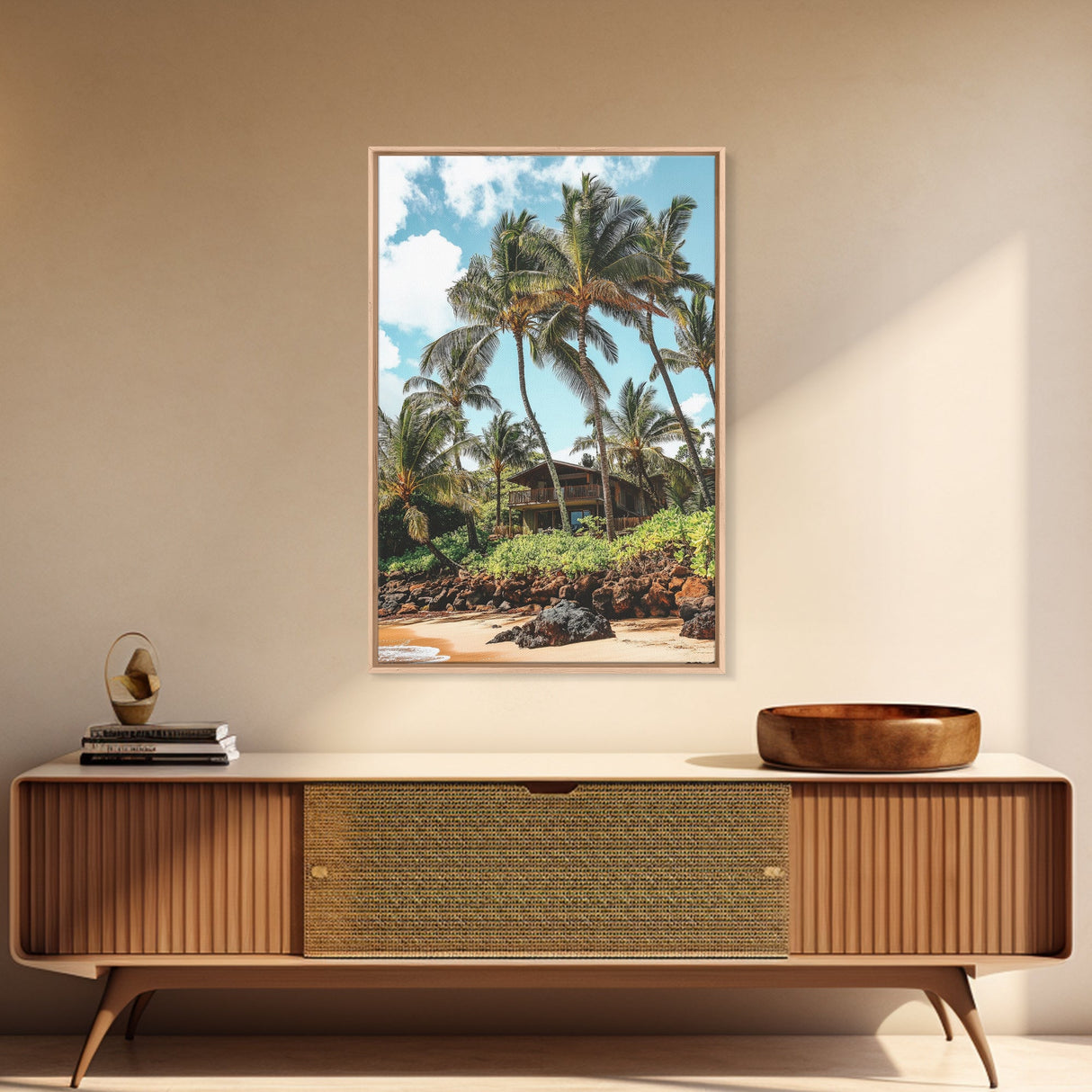 Tropical Beach House Canvas Print – Hawaii Art Coastal Landscape, Rustic Nautical Decor, Seaside Living Room Framed Wall Art