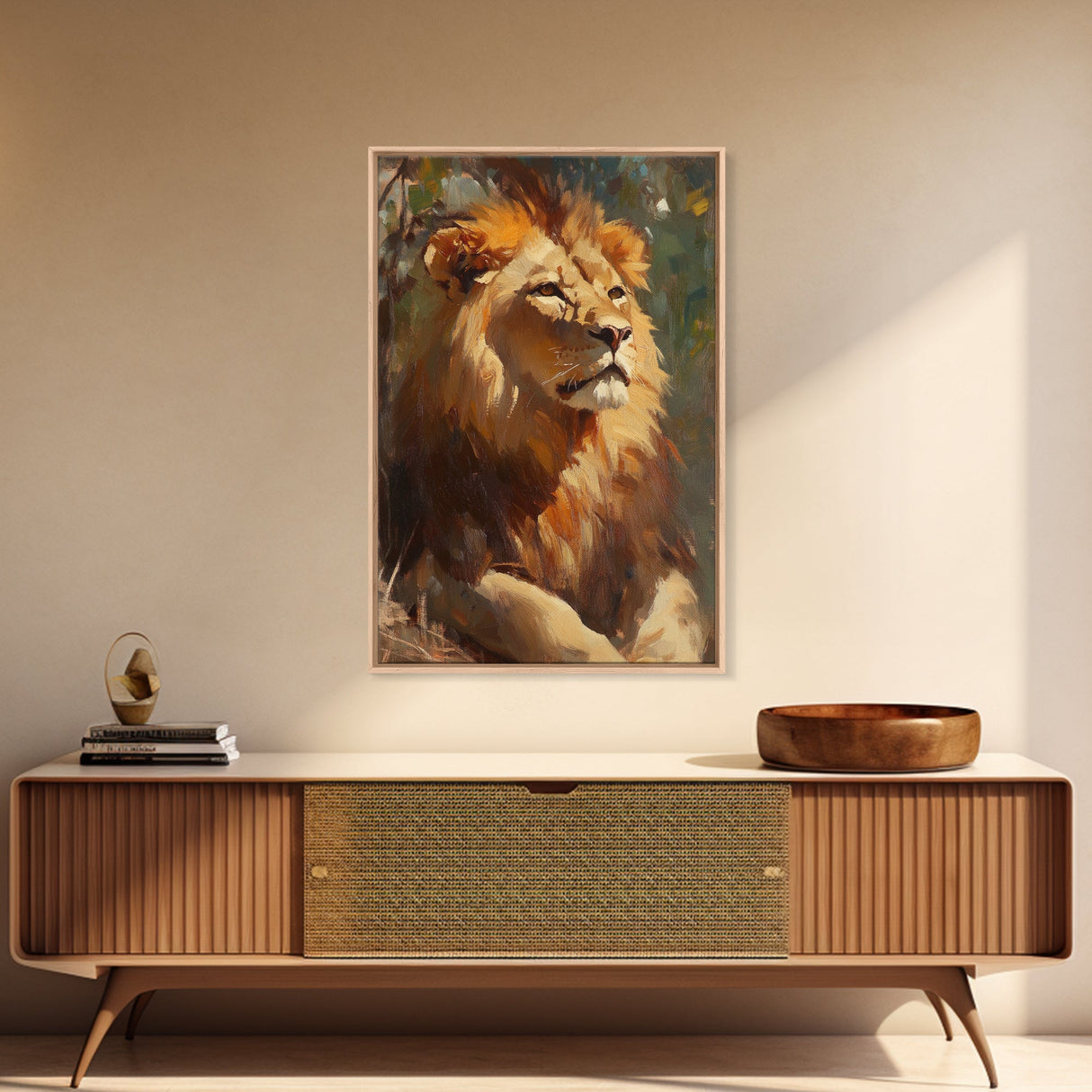 Regal Lion Oil Painting Framed Canvas Print – Rustic Decor Wall Art, African Lion Wildlife, Above Couch Art, Bold Statement Piece