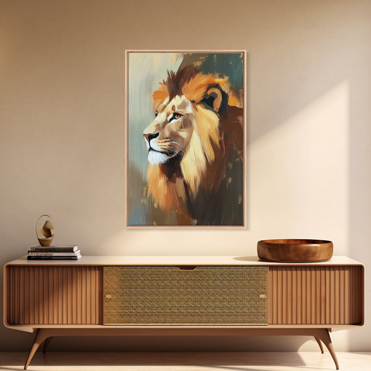 Lion Profile Oil Painting Framed Canvas Print – African Inspired Wildlife Art, Rustic Decor Above Bed Wall Art, Gift Idea Living Room
