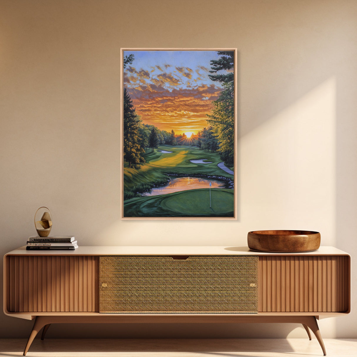 Scenic Golf Sunset Framed Canvas Print, Landscape Painting, Bedroom Wall Art, Rustic Decor, Horizontal Living Room Art