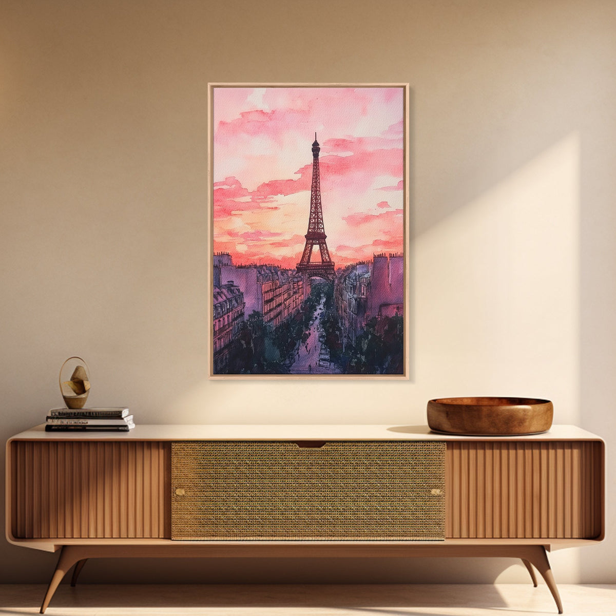 Eiffel Tower Sunset Framed Canvas Print Paris Landscape Painting French Cityscape Wall Art Bedroom Decor Romantic Gift Pink Orange Art