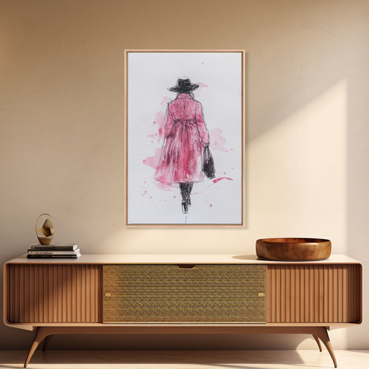 Woman in Coat Framed Canvas Print Light Pink Wall Art Moody Minimalist Fashion Illustration Rustic Aesthetic Unique Gift Idea